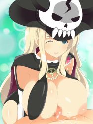 Rule 34 | 10s, 1girl, blonde hair, blue eyes, blush, breasts, cape, censored, clothed female nude male, cosplay, covered erect nipples, cum, cum on body, cum on upper body, elbow gloves, gloves, hat, highres, huge breasts, joutarou, long hair, looking down, lying, mosaic censoring, nipples, nude, one breast out, open mouth, paizuri, penis, senran kagura, shiki (senran kagura), shiki (senran kagura) (cosplay), shiny skin, simple background, smile, solo focus, wince, yomi (senran kagura)