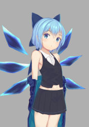 Rule 34 | 1girl, :o, alternate costume, armpit peek, arms behind back, bare shoulders, black skirt, black vest, blue bow, blue coat, blue eyes, blue hair, bow, cirno, coat, commentary request, cowboy shot, enki 1021, grey background, hair bow, head tilt, looking at viewer, midriff, miniskirt, navel, off shoulder, pleated skirt, shirt, short hair, simple background, skirt, sleeveless, sleeveless shirt, solo, standing, touhou, vest, white shirt, wing collar, wings