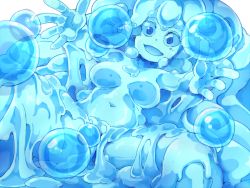 Rule 34 | 1girl, blue eyes, blue sclera, breasts, breasts apart, colored sclera, female focus, frfr, monster girl, navel, no nipples, nude, open mouth, original, outstretched hand, simple background, slime girl, solo, white background