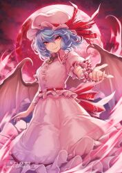 Rule 34 | 1girl, bat wings, blue hair, full moon, hat, hat ribbon, highres, long skirt, looking at viewer, mob cap, moon, offering hand, pink shirt, pink skirt, re (re 09), red eyes, red moon, remilia scarlet, ribbon, shirt, short hair, skirt, smile, solo, touhou, wings