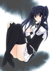 Rule 34 | 00s, 1girl, ass, black jacket, black thighhighs, blue eyes, blue hair, boots, crossed legs, d.gray-man, female focus, full body, jacket, knees up, lenalee lee, long hair, looking at viewer, matching hair/eyes, megumi ryouko, miniskirt, pleated skirt, red eyes, sitting, skirt, solo, thighhighs, twintails, uniform, white skirt, zettai ryouiki