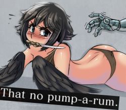 Rule 34 | ass, back, bare shoulders, black feathers, black hair, black wings, blue eyes, blush, dark souls (series), dark souls iii, english text, feathers, gauntlets, grey background, harpy, knife, knife in mouth, metintbg, monster girl, mouth hold, photo-referenced, pickle pee pump-a-rum crow, rags, reaching, reaching towards viewer, shaking, shirt, short hair, simple background, single-shoulder shirt, winged arms, wings