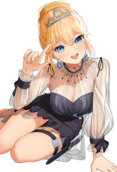 Rule 34 | 1girl, absurdres, bangom r, blonde hair, blue eyes, breasts, dress, earrings, highres, hololive, hololive english, holomyth, jewelry, large breasts, nail polish, open mouth, see-through, thigh strap, thighs, tiara, virtual youtuber, watson amelia, watson amelia (party dress), white background