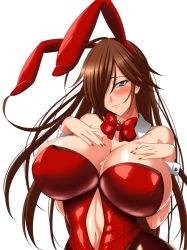 Rule 34 | 1girl, animal ears, blush, breasts, brown hair, cleavage, commentary request, cowboy shot, detached collar, detached sleeves, fake animal ears, flame master nyx, green eyes, hair over one eye, hand on own chest, huge breasts, leotard, long hair, looking at viewer, nail polish, navel, nyx (queen&#039;s blade), nyx (queen's blade), pantyhose, playboy bunny, queen&#039;s blade, rabbit ears, shiny skin, simple background, smile, stomach, tamezou, white background