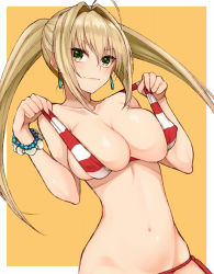 Rule 34 | 1girl, ahoge, bare shoulders, bead bracelet, beads, bikini, bikini pull, blonde hair, blush, border, bracelet, breasts, cleavage, closed mouth, clothes pull, cocq taichou, collarbone, commentary request, earrings, fate/grand order, fate (series), green eyes, hair between eyes, hair intakes, halterneck, jewelry, large breasts, long hair, looking at viewer, navel, nero claudius (fate), nero claudius (fate) (all), nero claudius (swimsuit caster) (fate), red bikini, revision, smile, solo, striped bikini, striped clothes, swimsuit, twintails, white border, yellow background