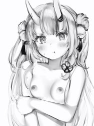 Rule 34 | 1girl, :t, bad id, bad pixiv id, bell, blush, breasts, closed mouth, completely nude, flower knot, greyscale, hair bell, hair ornament, highres, hololive, horns, jingle bell, long hair, looking at viewer, monochrome, nakiri ayame, nanashi (nlo), nipples, nude, oni, simple background, skin-covered horns, small breasts, solo, sweat, upper body, virtual youtuber, white background
