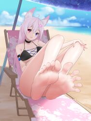 Rule 34 | 1girl, :d, absurdres, ahoge, animal ears, bare legs, barefoot, beach, bikini, black choker, blue eyes, breasts, chair, choker, cloud, day, feet, foot focus, hand on own knee, heterochromia, highres, j.c.14, jewelry, legs, long hair, looking at viewer, lounge chair, medium breasts, nail polish, ocean, open mouth, original, outdoors, parasol, pink eyes, pink nails, signature, sky, smile, soles, solo, spread toes, swimsuit, toe ring, toes, umbrella, water