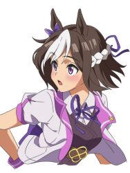 Rule 34 | 1girl, blush, breasts, brown hair, collared shirt, cropped torso, gyouza (mhea5724), highres, jacket, looking afar, looking to the side, multicolored hair, neck ribbon, open mouth, purple eyes, ribbon, shirt, short hair, short sleeves, simple background, small breasts, solo, special week (umamusume), two-tone hair, umamusume, upper body, vest, white background, white hair, white jacket, white shirt, wristband