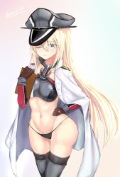 Rule 34 | 10s, 1girl, adapted costume, anchor, bismarck (kancolle), black panties, blonde hair, blue eyes, breasts, brown gloves, clipboard, gloves, grey thighhighs, hat, highres, i.f.s.f, jewelry, kantai collection, long hair, military, military hat, military uniform, naval uniform, navel, one eye closed, panties, peaked cap, ring, solo, thighhighs, underwear, uniform, wedding band