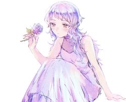 Rule 34 | 1girl, alternate hair length, alternate hairstyle, arm support, commentary request, dress, expressionless, flat chest, flower, half-closed eyes, hand up, highres, holding, holding flower, idolmaster, idolmaster million live!, light blush, long hair, looking at another, makabe mizuki, on floor, purple flower, purple hair, purple rose, rose, sidelocks, sitting, solo, sundress, tnsk st00, wavy hair, white background, white dress, yellow eyes