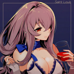Rule 34 | 1girl, absurdres, azur lane, bare shoulders, blue background, blue scarf, breasts, character name, cleavage, colored pencil (medium), cross, cross earrings, cup, dress, drinking glass, earrings, elbow gloves, evening gown, fingerless gloves, gloves, grey hair, hair between eyes, highres, holding, holding cup, huge filesize, jewelry, large breasts, long hair, marker (medium), millipen (medium), mole, mole on breast, mole under eye, rabe26k, red eyes, saint-louis (azur lane), saint-louis (holy knight&#039;s resplendence) (azur lane), saint-louis (holy knight&#039;s resplendence) (azur lane), scarf, simple background, solo, traditional media, upper body, white dress, white gloves, wine glass