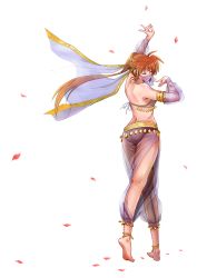 Rule 34 | 00s, 1girl, absurdres, anklet, ass, barefoot, blush, brown hair, closed eyes, dancer, feet, hair ornament, harem outfit, highres, jewelry, long hair, lyrical nanoha, mahou shoujo lyrical nanoha strikers, mouth veil, see-through, side ponytail, soles, solo, sos77755, takamachi nanoha, veil
