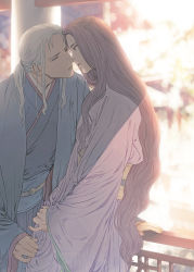 Rule 34 | 1boy, 1girl, blurry, blurry background, brown hair, chinese clothes, clothes grab, couple, day, eye contact, face-to-face, grey hair, half-closed eyes, hand on railing, hanfu, hetero, imminent kiss, juuni kokuki, king tai (juuni kokuki), kyusui polymer, lattice, leaning forward, leaning on person, long hair, long sleeves, looking at another, looking away, low ponytail, pillar, pink robe, pinky out, ponytail, railing, risai (juuni kokuki), robe, sash, sidelocks, very long hair, wide sleeves