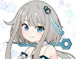 Rule 34 | 1girl, bare shoulders, blue eyes, closed mouth, commentary request, genshin impact, grey hair, guizhong (genshin impact), long hair, looking at viewer, mitya, sidelocks, simple background, smile, solo, star (symbol), starry background, twitter username, upper body, white background