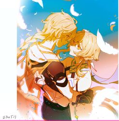 Rule 34 | 1boy, 1girl, aether (genshin impact), black gloves, black pants, blonde hair, blue sky, brother and sister, brown shirt, cape, closed mouth, crop top, crying, crying with eyes open, dress, feathers, genshin impact, gloves, haun, hug, looking at another, lumine (genshin impact), pants, parted lips, shirt, siblings, sky, smile, tears, teeth, twins, white cape, white dress, white feathers, yellow eyes