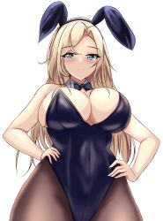 Rule 34 | 1girl, animal ears, bare shoulders, black bow, black bowtie, black leotard, black pantyhose, blonde hair, blue eyes, blush, bow, bowtie, breasts, cleavage, covered navel, detached collar, fake animal ears, grey eyes, hands on own hips, highleg, highleg leotard, highres, hornet (kancolle), kantai collection, large breasts, leotard, long hair, looking at viewer, montemasa, pantyhose, playboy bunny, rabbit ears, simple background, smile, solo, strapless, strapless leotard, traditional bowtie, white background, wrist cuffs