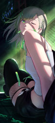 Rule 34 | 1girl, absurdres, black footwear, black jacket, black shorts, blurry, boots, camisole, chain, depth of field, earrings, floating hair, green eyes, grey hair, highres, hinomori shiho, jacket, jewelry, lips, looking at viewer, looking back, medium hair, off shoulder, one eye closed, parted lips, project sekai, shirt, shorts, sitting, sjuno, solo, thigh boots, white shirt