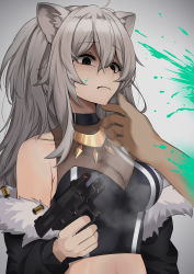 Rule 34 | 1girl, absurdres, ahoge, animal ears, black eyes, black jacket, black shirt, blood, blood on face, blood splatter, breasts, cleavage, colored blood, commentary, cropped shirt, disgust, empty eyes, fur-trimmed jacket, fur trim, green blood, grey background, gun, hair between eyes, handgun, highres, holding, holding gun, holding weapon, hololive, jacket, jewelry, large breasts, lion ears, lion girl, long hair, looking down, micon, midriff, motion blur, necklace, off shoulder, open clothes, open jacket, see-through, see-through cleavage, shaded face, shell casing, shirt, shishiro botan, shishiro botan (1st costume), silver hair, simple background, sleeveless, sleeveless shirt, smoke, smoking barrel, solo focus, striped, stylized blood, upper body, vertical stripes, virtual youtuber, weapon