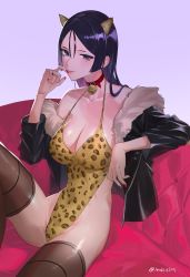 Rule 34 | 1girl, absurdres, amebi, animal ears, animal print, ass, bare shoulders, bell, black hair, black jacket, breasts, brown thighhighs, cat ears, choker, cleavage, collarbone, commission, couch, fur trim, halterneck, hand up, highleg, highleg leotard, highres, jacket, jingle bell, knee up, large breasts, leopard print, leotard, long hair, long sleeves, looking at viewer, mole, mole on breast, mole on thigh, mole under eye, nail polish, off shoulder, original, parted bangs, purple eyes, red choker, red nails, sitting, solo, spaghetti strap, strap gap, thighhighs, yellow leotard