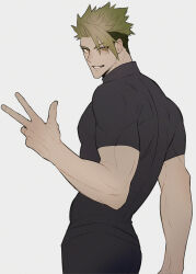 Rule 34 | 1boy, absurdres, achilles (fate), black pants, black shirt, brown eyes, fate/apocrypha, fate (series), fingernails, from side, green hair, grin, haruakira, highres, looking back, male focus, muscular, muscular male, muted color, pants, pectorals, shirt, simple background, sleeveless, sleeveless shirt, smile, solo, undercut, v, white background