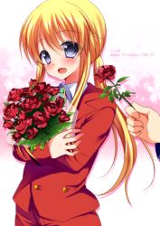 Rule 34 | 07th expansion, 1boy, androgynous, blonde hair, blue eyes, bouquet, dated, flower, happy birthday, holding, long hair, looking at viewer, male focus, neon ui, no naku koro ni (series), open mouth, red rose, rose, smile, solo focus, umineko no naku koro ni, ushiromiya lion