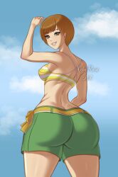 Rule 34 | 1girl, arm up, artist name, ass, breasts, brown eyes, brown hair, butt crack, cloud, cloudy sky, female focus, grin, highres, huge ass, looking at viewer, looking back, matching hair/eyes, medium breasts, persona, persona 4, satonaka chie, short hair, sky, smile, solo, swimsuit, tomboy, wide hips, xelaroseart