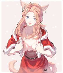 Rule 34 | 1girl, :p, animal ears, belt, bimel isabella, blonde hair, blue eyes, breasts, capelet, cat ears, cat girl, cat tail, christmas, dress, earrings, facial mark, final fantasy, final fantasy xiv, fur-trimmed capelet, fur trim, highres, jewelry, leaning forward, long hair, looking at viewer, medium breasts, miqo&#039;te, no bra, open clothes, red dress, solo, tail, tongue, tongue out, warrior of light (ff14), whisker markings