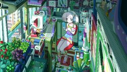 Rule 34 | 1girl, anbiyori, aquarium, camisole, cellphone, chair, computer, cup, desk lamp, dithering, faucet, fish, flip phone, flower, green camisole, headphones, highres, holding, holding phone, indoors, kettle, computer keyboard, lamp, lily pad, medium hair, mug, office chair, original, pedestrian bridge, phone, pixel art, plant, potted plant, purple camisole, sink, sitting, skirt, soap dispenser, socks, solo, spaghetti strap, stuffed animal, stuffed toy, swivel chair, table, teddy bear, twintails, white hair, wind, window