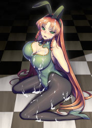 Rule 34 | 1girl, alternate costume, animal ears, arms behind back, ass, bare shoulders, black pantyhose, blush, braid, breasts, checkered floor, chinese clothes, cleavage, cleavage cutout, clothing cutout, collarbone, cum, cum on body, cum on breasts, cum on clothes, cum on hair, cum on upper body, facial, fake animal ears, green eyes, heart, heart-shaped pupils, high heels, highres, hong meiling, jony (avion mura), kneeling, large breasts, leotard, long hair, looking at viewer, open mouth, pantyhose, parted bangs, playboy bunny, rabbit ears, red hair, shiny clothes, side braids, sitting, smile, solo, suggestive fluid, symbol-shaped pupils, touhou, twin braids, very long hair, wariza
