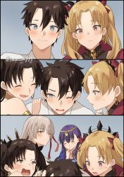 Rule 34 | 1boy, 4girls, black bow, black hair, blonde hair, blue background, blue eyes, blush, bow, chaldea uniform, circlet, closed eyes, closed mouth, commentary request, durga (fate), earrings, ereshkigal (fate), fate/grand order, fate (series), fujimaru ritsuka (male), hair between eyes, hair bow, hair ribbon, haniwa yyi, highres, hoop earrings, ishtar (fate), jewelry, long hair, looking at another, looking at viewer, lower teeth only, matou sakura, multiple girls, one eye closed, open mouth, parted bangs, parvati (fate), pink ribbon, profile, purple hair, red bow, red eyes, red ribbon, ribbon, siblings, simple background, sisters, smile, sweatdrop, teeth, tiara, twitter username, two side up, white hair