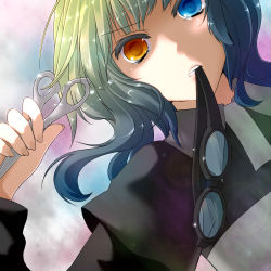 Rule 34 | 1girl, blue eyes, goggles, green hair, gumi, heterochromia, momo michi, mosaic roll (vocaloid), mouth hold, scissors, solo, tears, vocaloid, yellow eyes