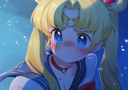 Rule 34 | 1girl, bishoujo senshi sailor moon, blonde hair, blue background, blue eyes, blue sailor collar, bow, bowtie, breasts, choker, cleavage, crescent, crescent-shaped pupils, crescent earrings, derivative work, earrings, flying sweatdrops, from side, glint, hair ornament, heart, heart choker, highres, jewelry, meme, niniidawns, parted bangs, parted lips, red bow, red bowtie, red choker, sailor collar, sailor moon, sailor moon redraw challenge (meme), school uniform, screenshot redraw, serafuku, solo, sweatdrop, symbol-shaped pupils, symbol in eye, tiara, tsukino usagi, twintails, upper body