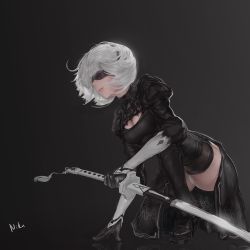 Rule 34 | 1girl, absurdres, black background, black dress, black thighhighs, blindfold, boots, breasts, cleavage, cleavage cutout, closed mouth, clothing cutout, commentary request, dress, full body, gloves, gradient background, hairband, high heels, highres, holding, holding sword, holding weapon, kneeling, lips, long sleeves, medium breasts, mole, mole under mouth, nier:automata, nier (series), nikumocchi, on one knee, puffy sleeves, reflection, reverse grip, short hair, signature, solo, sword, thigh boots, thighhighs, thighhighs under boots, weapon, white hair, 2b (nier:automata)