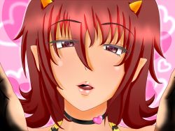Rule 34 | artist request, close-up, heart, heart-shaped pupils, horns, incoming kiss, lips, parted lips, pointy ears, pov, red eyes, red hair, symbol-shaped pupils, thick lips