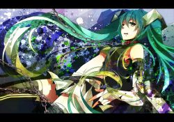 Rule 34 | belt, bridal gauntlets, chain, collar, green eyes, green hair, hatsune miku, leash, letterboxed, long hair, navel, nou (nounknown), skirt, solo, thighhighs, twintails, very long hair, vocaloid