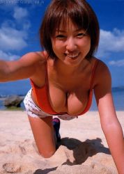 Rule 34 | 1girl, all fours, asian, beach, bikini, breasts, brown hair, cleavage, cloud, day, hanging breasts, large breasts, looking at viewer, open mouth, photo (medium), sand, shoes, short hair, shorts, sky, smile, solo, swimsuit, teeth, water, watermark, web address