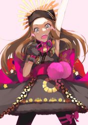 Rule 34 | 1girl, black pantyhose, brown eyes, brown hair, capelet, chacha (fate), commentary request, fate/grand order, fate (series), gloves, hat, highres, japanese clothes, long hair, looking at viewer, mugcup, open mouth, outstretched arm, pantyhose, ribbon, solo