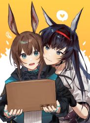 Rule 34 | 2girls, amiya (arknights), animal ears, arknights, ascot, black ascot, black gloves, black hair, black jacket, blaze (arknights), blue eyes, blush, box, brown hair, cardboard box, cat ears, gloves, hair between eyes, hairband, heart, highres, holding, holding box, hug, hug from behind, infection monitor (arknights), jacket, jewelry, long hair, multiple girls, multiple rings, necklace, open clothes, open jacket, open mouth, rabbit ears, red hairband, ring, ryat, shirt, short hair with long locks, spoken heart, sweatdrop, upper body, white jacket, white shirt, yuri