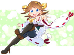 Rule 34 | 1girl, :d, bare shoulders, blue eyes, boots, brown hair, detached sleeves, flipped hair, full body, green skirt, headgear, hiei (kancolle), high heel boots, high heels, kantai collection, nontraditional miko, open mouth, plaid, short hair, skirt, smile, solo, thigh boots, thighhighs, tsukko (3ki2ne10), twitter username