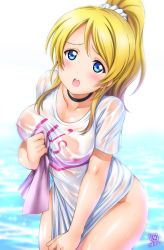 Rule 34 | 10s, 1girl, ayase eli, blonde hair, blue eyes, bottomless, breasts, commentary request, covered erect nipples, covering crotch, covering privates, hair ribbon, kamogawa tanuki, large breasts, long hair, looking at viewer, love live!, love live! school idol project, nipples, no bra, one side up, ponytail, ribbon, scrunchie, see-through, shiny skin, shirt, shirt tug, solo, standing, t-shirt, wet, wet clothes, wet shirt, white scrunchie