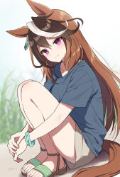 Rule 34 | 1girl, alternate costume, animal ears, blue shirt, brown hair, brown shorts, closed mouth, commentary request, earrings, hair between eyes, horse ears, horse girl, horse tail, hugging own legs, jewelry, long hair, looking at viewer, mauve, multicolored hair, outdoors, purple eyes, sandals, scrunchie, shirt, shorts, single earring, smile, solo, squatting, streaked hair, symboli rudolf (umamusume), tail, toes, umamusume, white hair, wrist scrunchie