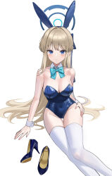 Rule 34 | 1girl, absurdres, animal ears, blonde hair, blue archive, blue bow, blue eyes, blue halo, blue leotard, bow, breasts, cleavage, closed mouth, covered navel, detached sleeves, fake animal ears, halo, hand on own hip, high heels, highres, large breasts, leotard, long hair, looking at viewer, orb 6, playboy bunny, rabbit ears, shoes, simple background, sitting, solo, thighhighs, toki (blue archive), toki (bunny) (blue archive), unworn shoes, white background, white thighhighs, wrist cuffs