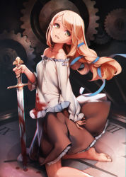 Rule 34 | 1girl, ataruman, barefoot, blonde hair, blood, breasts, chromatic aberration, clock, gears, green eyes, highres, holding, holding sword, holding weapon, kneeling, long hair, looking at viewer, looking back, open mouth, original, petite, skirt, small breasts, solo, sword, weapon