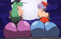 Rule 34 | 2girls, ass, ass-to-ass, ass focus, ass press, axel-rosered, bare shoulders, bridal gauntlets, capcom, demon girl, from behind, green eyes, green hair, head wings, huge ass, leotard, lilith aensland, long hair, looking at viewer, looking back, looking down, morrigan aensland, multiple girls, open mouth, pantyhose, purple hair, red eyes, shiny clothes, shiny skin, short hair, sitting, smile, vampire (game), wings