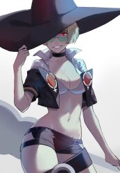 Rule 34 | 1girl, adjusting clothes, adjusting headwear, bikini, black choker, black footwear, black hat, black shorts, boots, breasts, choker, cleavage, green-tinted eyewear, grin, guilty gear, guilty gear strive, hat, highres, i-no, large breasts, looking at viewer, midriff, navel, official alternate costume, red eyes, red lips, short hair, short shorts, short sleeves, shorts, smile, swimsuit, thigh boots, tinted eyewear, venus symbol, white bikini, witch hat, yeji36