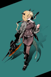 1girl absurdres arknights black_background black_dress black_footwear blonde_hair boots breasts brown_pantyhose chinese_commentary clenched_hand coat commentary_request dress glaring green_background green_coat highres holding holding_polearm holding_weapon horns knee_boots large_breasts ling_s long_sleeves looking_back pantyhose polearm red_eyes shaded_face shadow short_hair solo tail two-tone_background vanilla_(arknights) weapon