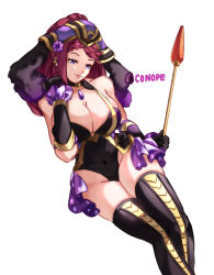 Rule 34 | 1girl, animal ears, arrow (projectile), black gloves, breasts, rabbit ears, cleavage, conope, fake animal ears, fire emblem, fire emblem heroes, gloves, hat, holding, holding arrow, large breasts, leotard, loki (fire emblem), long hair, nintendo, parted lips, playboy bunny, purple eyes, purple hair, simple background, solo, twitter username, white background