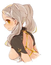 Rule 34 | 1girl, breasts, character request, grey hair, long hair, looking at viewer, mota, original, sideboob, simple background, solo, white background, yellow eyes