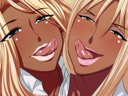 Rule 34 | :d, autobahn, blonde hair, blush, dark skin, eyes visible through hair, eyeshadow, ganguro, lipstick, looking at viewer, makeup, naughty face, open mouth, perspective, pov, smile, tagme, thick lips, tongue, tongue out