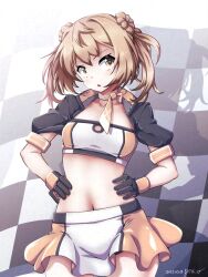 Rule 34 | 1girl, 547th sy, alternate costume, bandeau, black gloves, breasts, checkered flag, commentary request, cosplay, cropped jacket, double bun, flag, gloves, hair bun, highres, jacket, kantai collection, light brown hair, michishio (kancolle), multicolored clothes, multicolored jacket, natsugumo (kancolle), natsugumo (kancolle) (cosplay), orange bandeau, orange gloves, orange skirt, race queen, short twintails, skirt, small breasts, solo, twintails, two-tone bandeau, two-tone skirt, white bandeau, yellow eyes